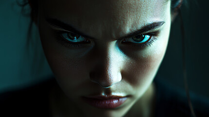 Close-up shot of piercing green eyes, capturing intense focus and emotion. The image highlights facial texture and expression.

