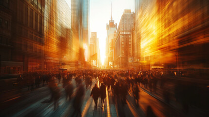 A busy city street with a large crowd of people walking down it