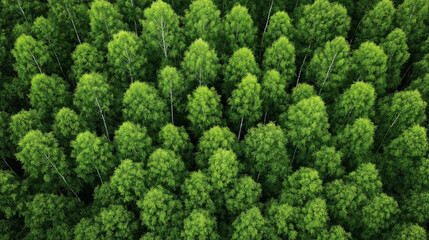 Aerial view of a dense forest with lush green treetops forming a continuous canopy. The healthy, vibrant foliage suggests abundant sunlight and rainfall.
