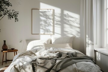 Bedroom interior with picture frame furniture painting cushion.