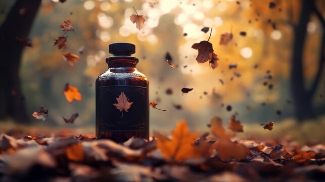 Autumn Elixir: Mysterious Potion in Vintage Bottle with Falling Leaves