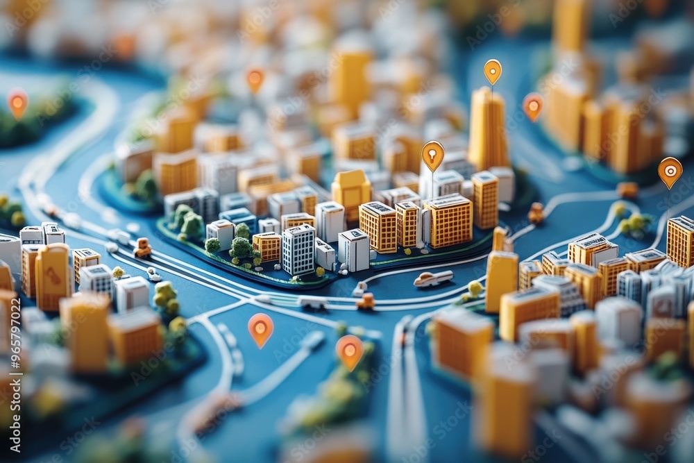 Poster paper cut style digital map with personalized icons for tailored business routes