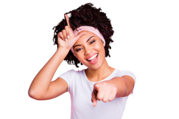 Close up photo beautiful funky childish she her dark skin lady evil person making loser symbol forehead impolite indicate finger wear head scarf casual white t-shirt isolated pink bright background