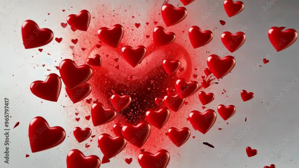 Poster explosive red heart bursting with smaller hearts against a light background creating a captivating r