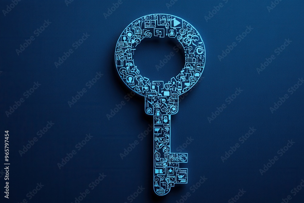 Wall mural unlocking personalized success - paper cut giant key with customer preference icons for business str