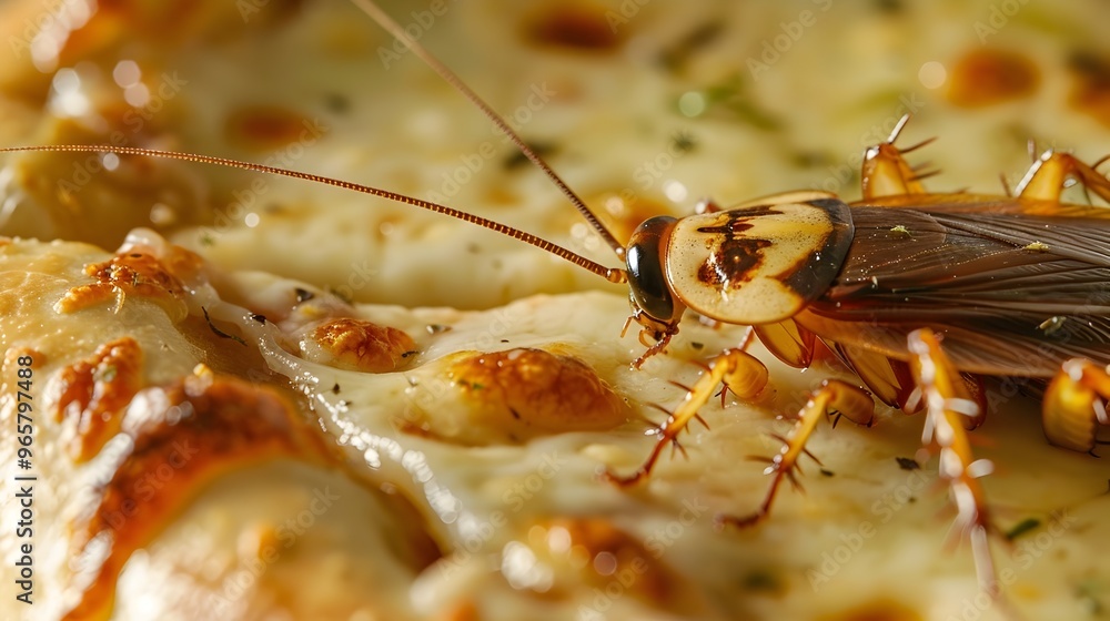 Poster close up of crawling cockroach on slice of cheese covered pizza highlighting unexpected and unsettli