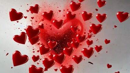 Explosive red heart bursting with smaller hearts against a light background creating a captivating romantic display