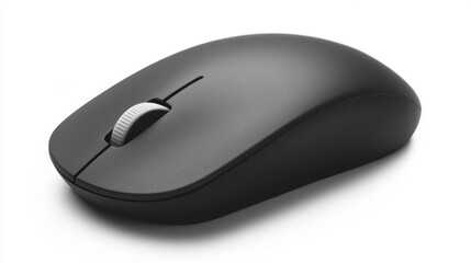 A sleek black wireless computer mouse with a scroll wheel, displayed on a clean white background, highlighting its modern and minimalist design.
