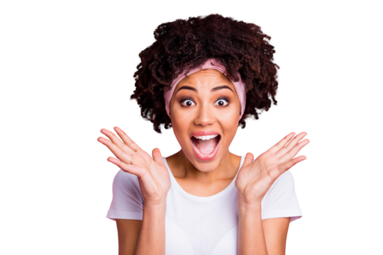 Close up photo beautiful yelling funky amazing she her dark skin lady unbelievable unexpected sale shopping discount cool news wear head scarf casual white t-shirt isolated pink bright background