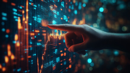 A hand pointing at a computer screen with a blue background