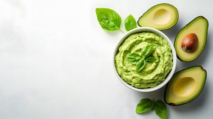 Obraz premium Guacamole in white ceramic bowl, sliced avocado halves, fresh basil leaves, creamy texture, healthy Mexican dip, minimalist food styling, soft natural lighting.