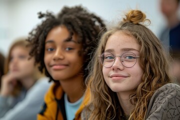 Obraz premium Two student teenage girls smiling and sitting next to each other in a classroom