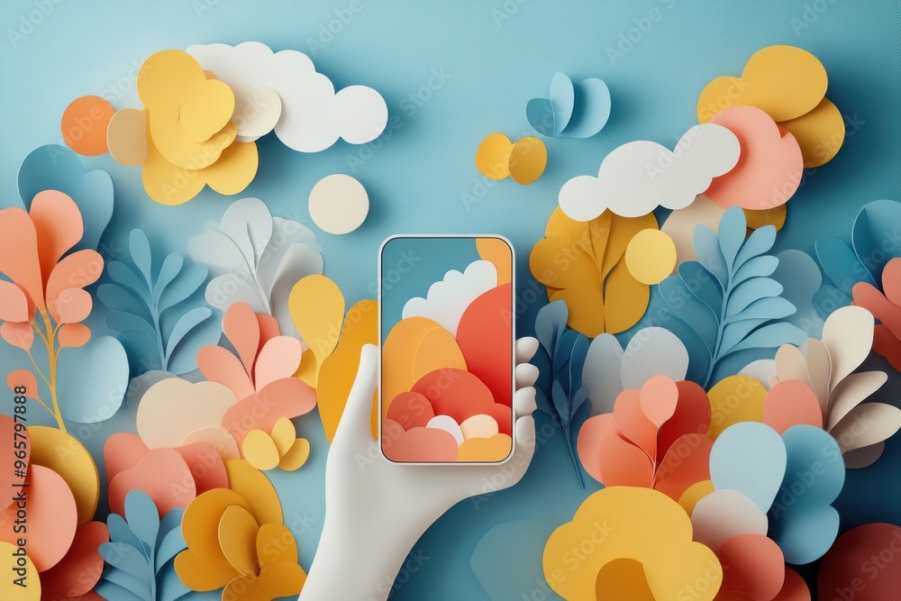 Aufkleber digital marketing strategy concept in paper cut style: mobile phone displaying hyper-personalized ad