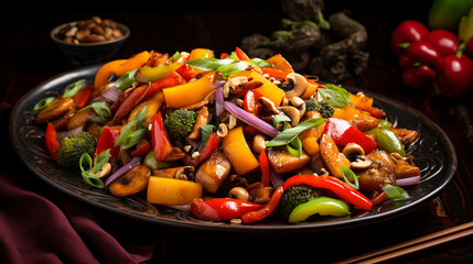 colorful dish with chicken, vegetables, and nuts