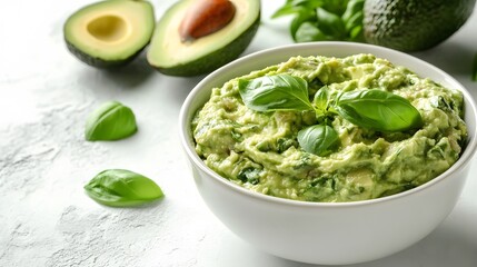 Obraz premium Guacamole in white ceramic bowl, sliced avocado halves, fresh basil leaves, creamy texture, healthy Mexican dip, minimalist food styling, soft natural lighting.