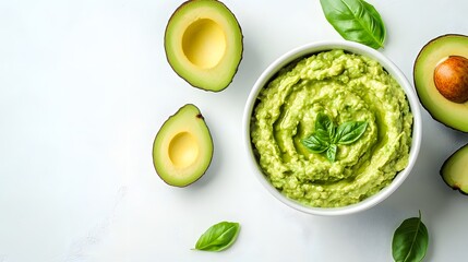 Obraz premium Guacamole in white ceramic bowl, sliced avocado halves, fresh basil leaves, creamy texture, healthy Mexican dip, minimalist food styling, soft natural lighting.