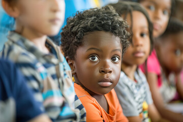 Children gathered around teacher at school for storytime, wide eyes, listening intently to first day’s tale
