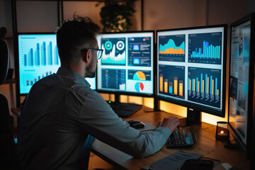 Remote social media manager analyzing engagement metrics, multiple screens displaying various platform dashboards
