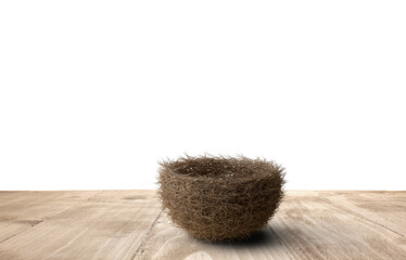 Dry Twigs Nest on Wooden Surface Background