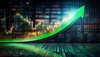 Stock ticker screen, eye level, green arrow pointing up, numbers ascending, optimistic trading scene