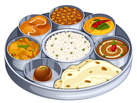 Indian Food Thali with Roti, Rice, Dal Makhani, Dal Tadka, Chana Masala, Kofta Curry, Aloo Sabzi and Gulab Jamun - Authentic Cuisine Vector Illustration 