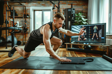 Remote fitness coach leading virtual workout session, demonstrating exercises in home gym, webcam recording