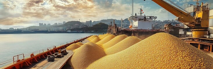 
A cargo ship is loading corn on the deck, with large piles of yellow grain stacked in rows. 