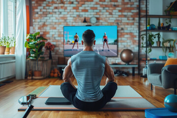 Remote fitness coach leading virtual workout session, demonstrating exercises in home gym, webcam recording