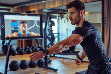 Remote fitness coach leading virtual workout session, demonstrating exercises in home gym, webcam recording