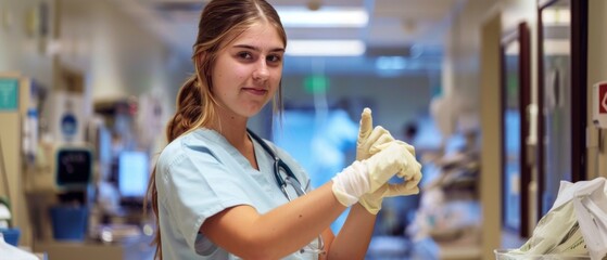 A smiling female healthcare worker in blue scrubs holds scissors, giving a thumbs-up in a hospital hallway. The image exudes positivity with medical surroundings.