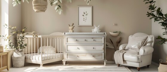 A cozy nursery room with beige walls, a white crib, dresser, and armchair. Plants, a rug, and neutral decor create a warm, inviting atmosphere.