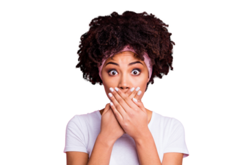 Close up photo beautiful amazing she her dark skin model lady arms hands palms hide mouth lips staring confused eyes full fear wear head scarf casual white t-shirt isolated pink bright background
