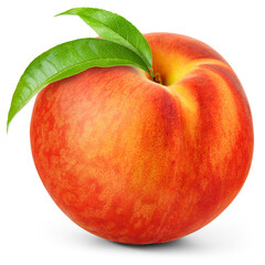 Peach with leaf isolated png. PNG format. Whole peach on transparent background. Peach with leaves no background. Full depth of field.