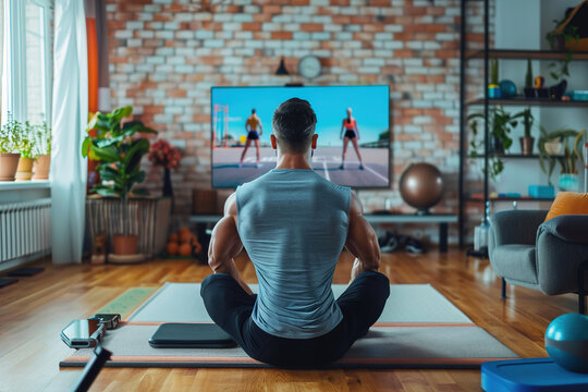 Remote fitness coach leading virtual workout session, demonstrating exercises in home gym, webcam recording