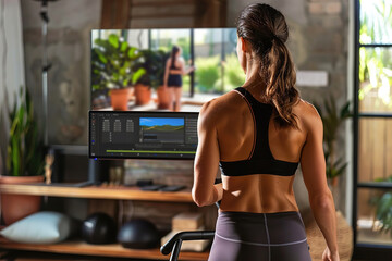 Remote fitness coach leading virtual workout session, demonstrating exercises in home gym, webcam recording