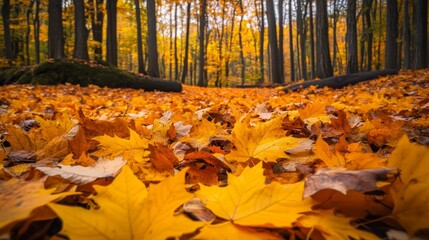 Golden autumn leaves creating a vibrant mosaic on the forest floor.