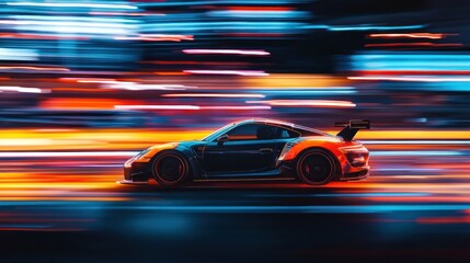 Fast racing car driving on high speed along the street with blurred lights in neon. Evening race. Concept of motor sport, racing, competition 