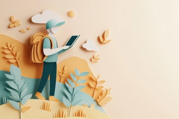 Modern Digital Nomad Embracing Flexibility in the Gig Economy with Paper Cut Style Illustration of Backpacker Working on Tablet