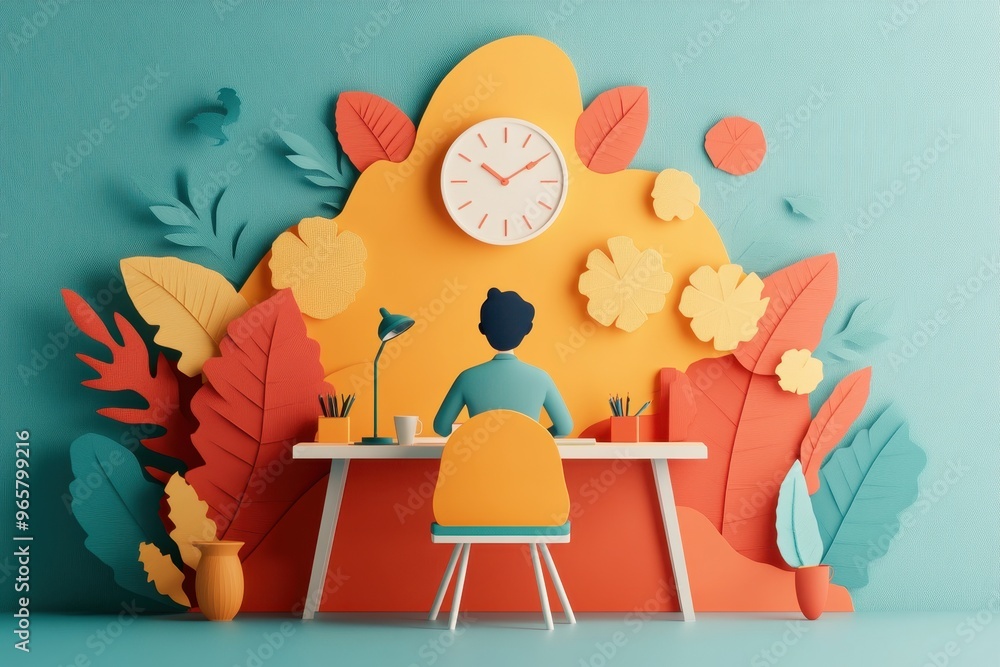 Poster paper cut style concept of structured time management in remote work with person sitting at home off