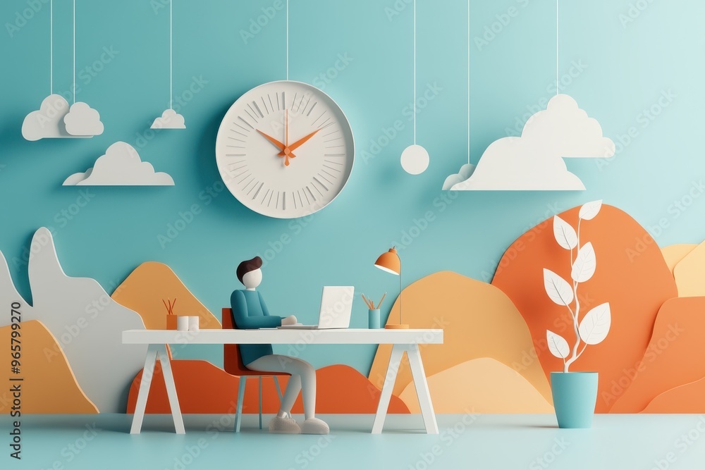 Poster paper cut style of person in home office with clock, illustrating structured time management in remo