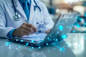 doctor diagnose digital patient record on virtual medical network on computing electronic medical record. digital healthcare and network connection interface, global health care. medical
