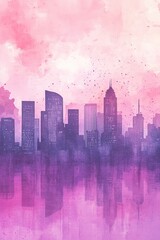Pink watercolor skyline with reflection and splashes