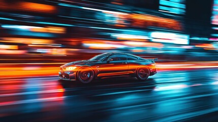 Fast racing car driving on high speed along the street with blurred lights in neon. Evening race. Concept of motor sport, racing, competition 