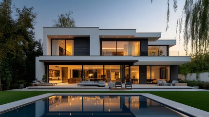 Fototapeta premium Modern luxury villa at dusk, contemporary architecture, two-story house, large windows, white and dark gray exterior, flat roof, balcony, swimming pool, manicured lawn.