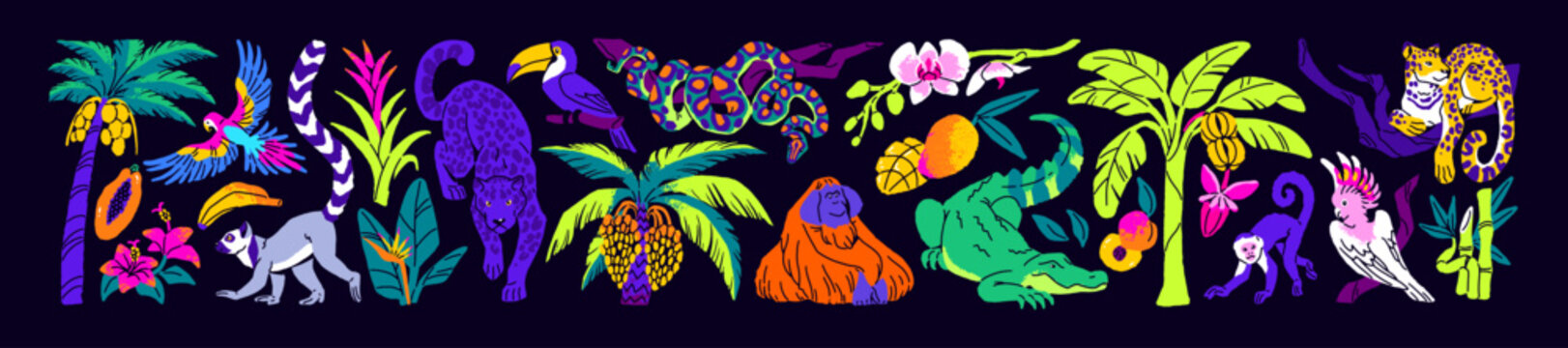 Set of tropical animals and plants. Different jungle flora, exotic fauna. Colourful rainforest nature- jaguars, monkeys, crocodiles, snakes, palm trees, bananas. Flat isolated vector illustrations