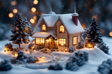 A cozy winter scene featuring a snow-covered house with glowing windows and festive decorations.