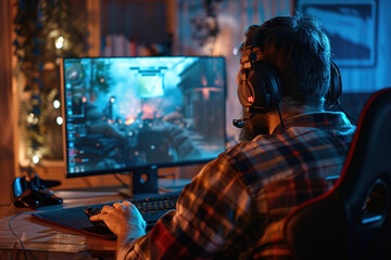 Remote video game developer coding, testing gameplay features, communicating with the development team virtually