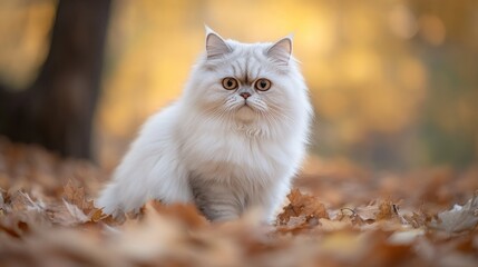 Obraz premium A fluffy white cat walks through a bed of autumn leaves in a serene outdoor setting.