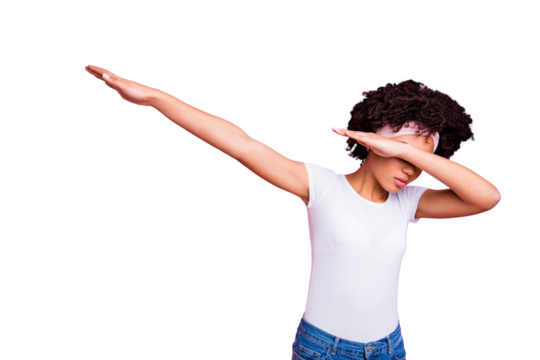 Close up photo beautiful amazing she her dark skin lady arms hands making strange modern dancing motions nightlife clubber wear head scarf casual white t-shirt isolated pink bright background