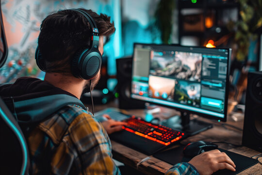 Remote video game developer coding, testing gameplay features, communicating with the development team virtually